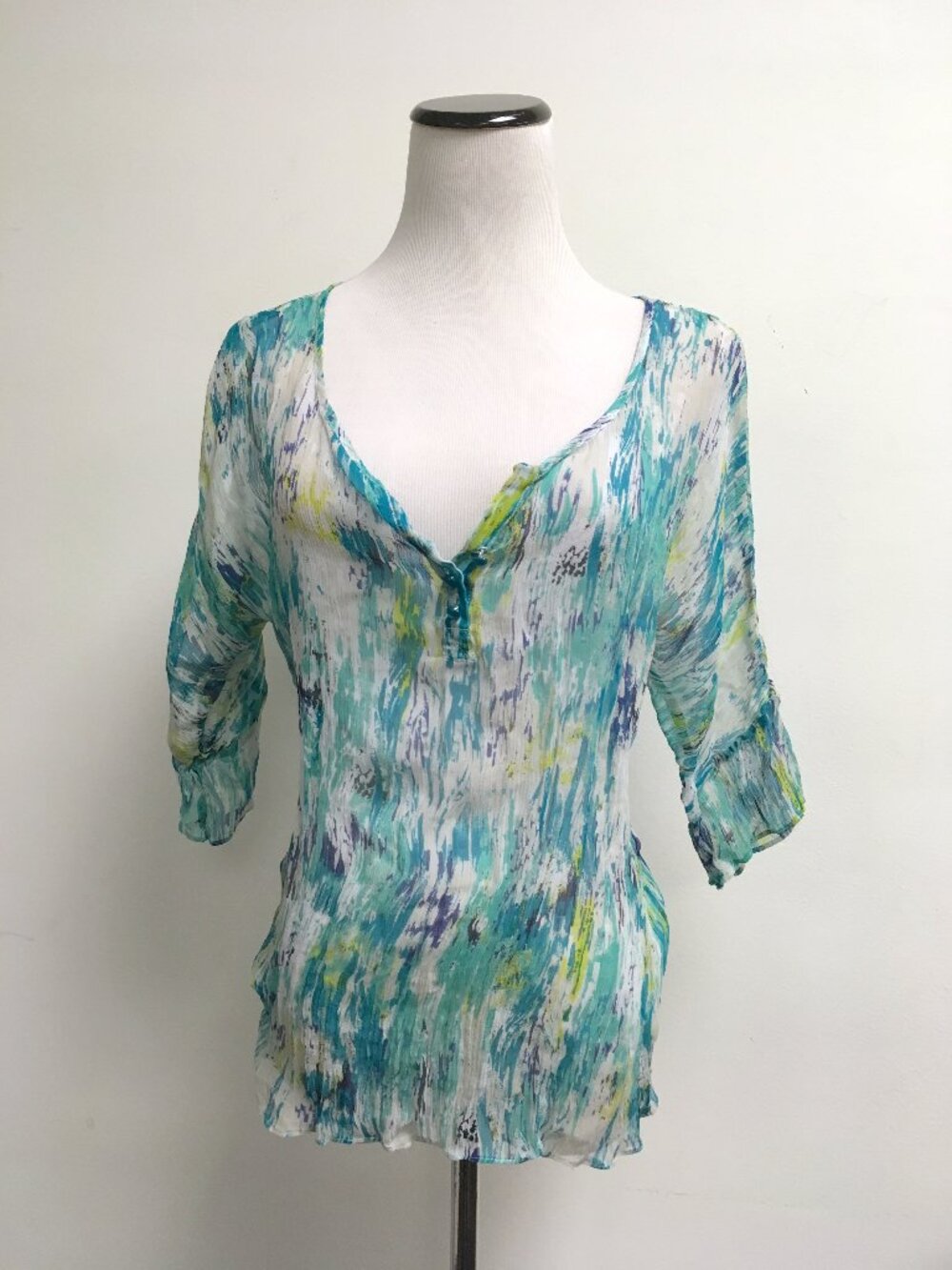 Ella Moss sheer silk tunic top blue green M